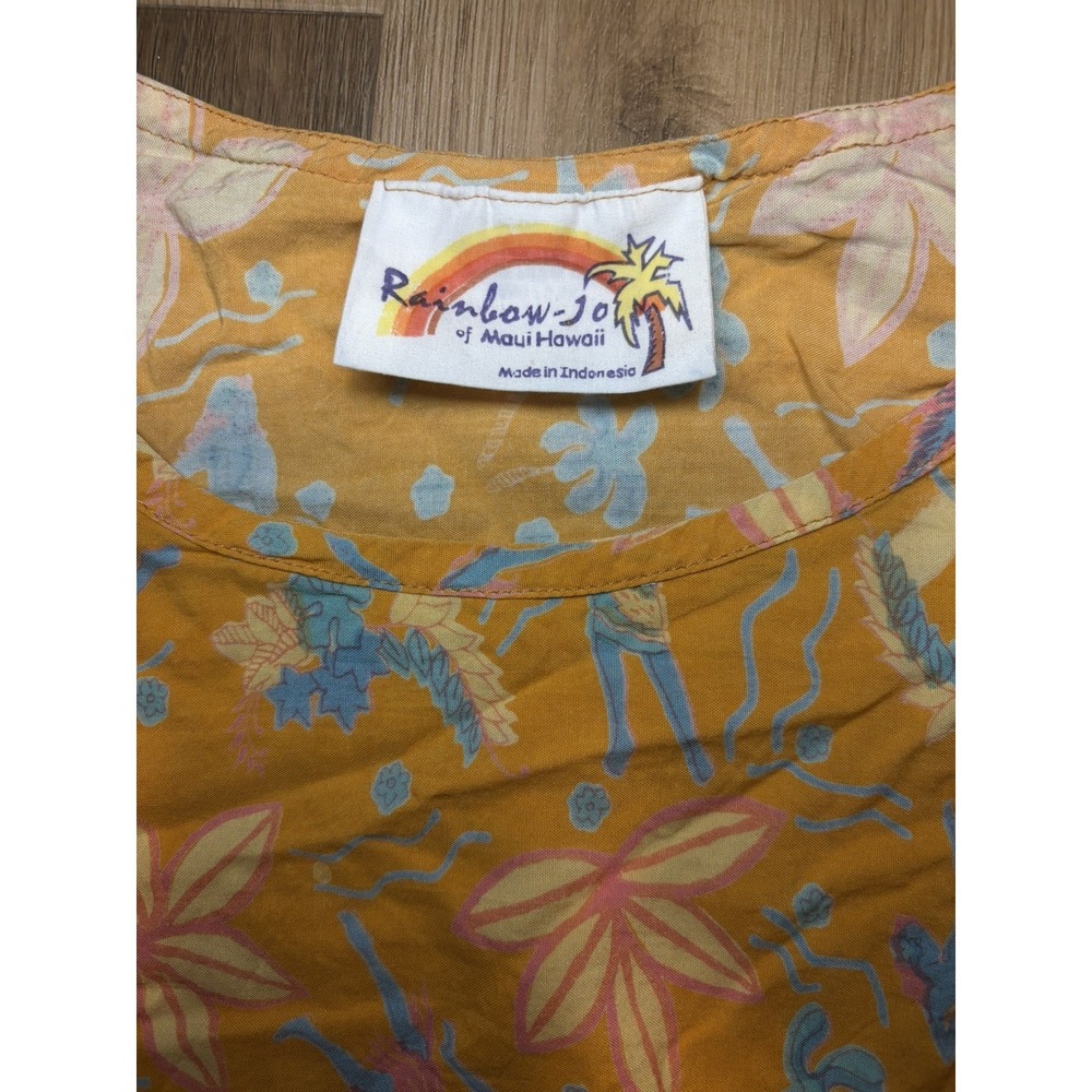 Vintage Hilo Rainbow Tank Dress Yellow Floral Hawaiian Tiki Cotton Shift Size S - Picture 2 of 3